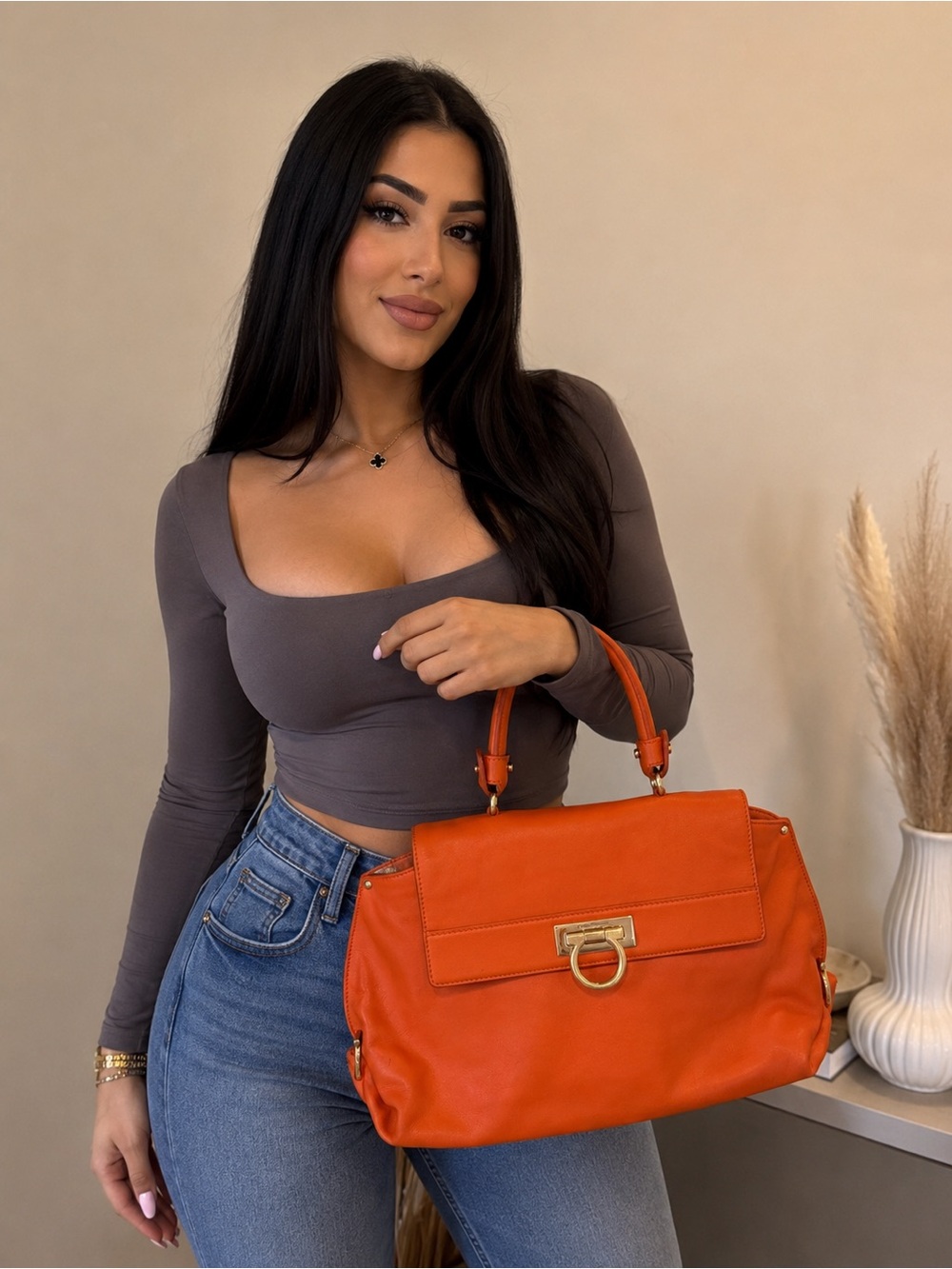 Authentic Salvatore Ferragamo Orange Leather Bag